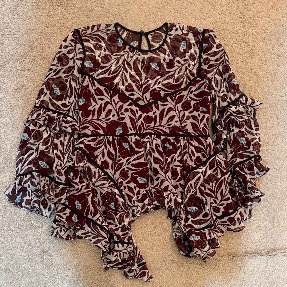 Cinq à Sept Burgundy and White Floral Blouse